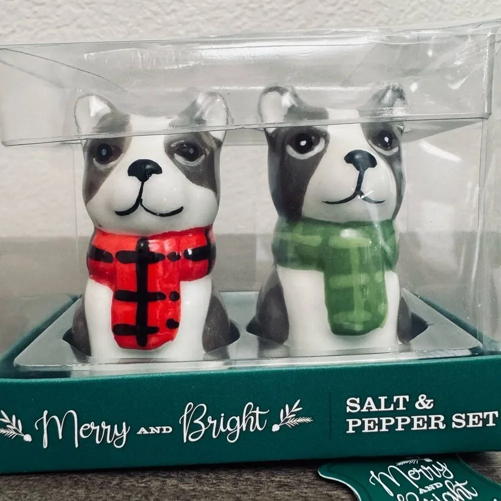 Holiday Frenchie Dog Ceramic Christmas Salt & Pepper Shakers Set